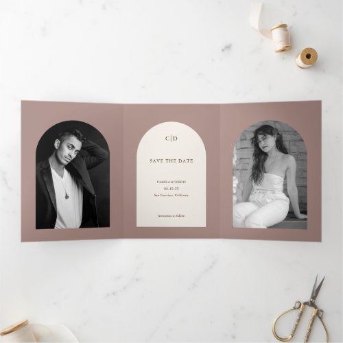 Simple Taupe Arch Modern Wedding Save the Date Tri_Fold Announcement