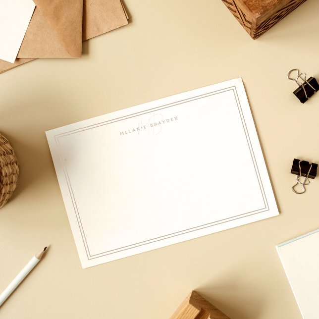 Simple Taupe Casual Minimalist Monogram Two Border Note Card (Creator Uploaded)