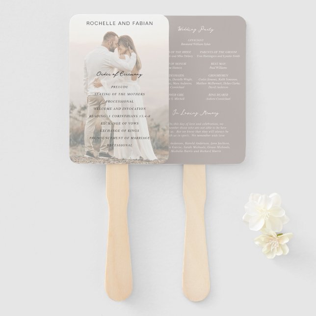 Simple Taupe Elegant Wedding Program Hand Fan (Front and Back)