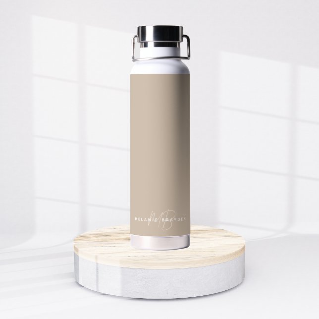 Simple Taupe Minimalist Two Monogram Name Water Bottle (Creator Uploaded)