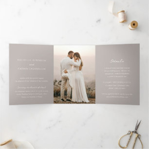 Simple Taupe Photo Elegant Wedding Tri-Fold Invitation