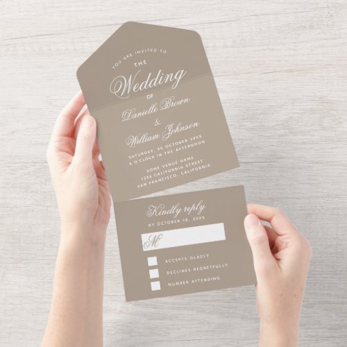 Simple Taupe Wedding Invitation  Detachable RSVP