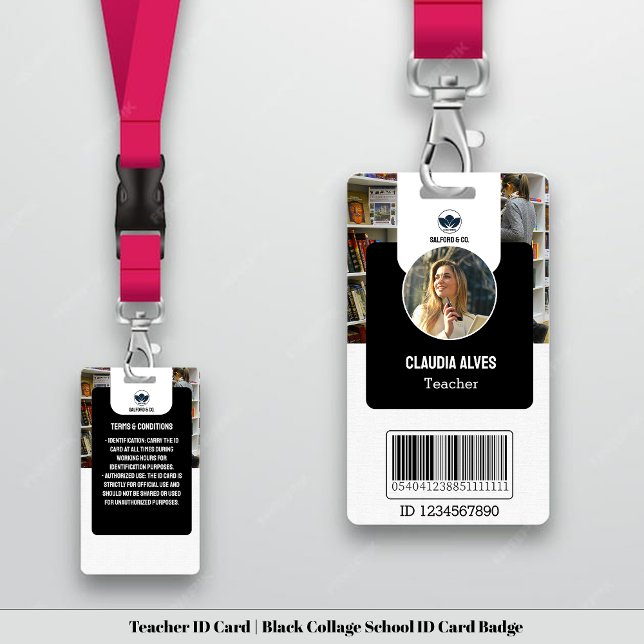 Simple Teacher ID Card | Black Collage School ID  Badge (Teacher ID Card | Black Collage School ID Card Badge)