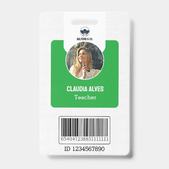 Simple Teacher ID Card | Green Collage School ID  Badge (Front)