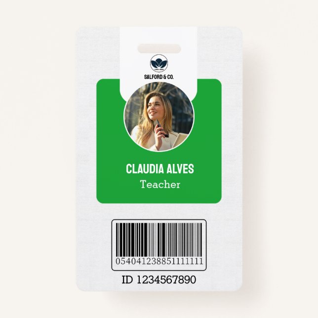 Simple Teacher ID Card | Green Collage School ID  Badge (Front)
