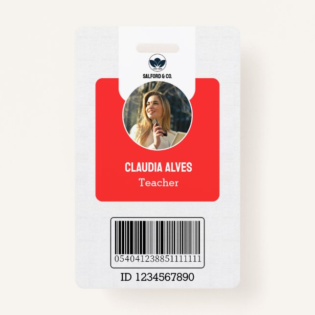 Simple Teacher ID Card | Red Collage School ID  Badge (Front)