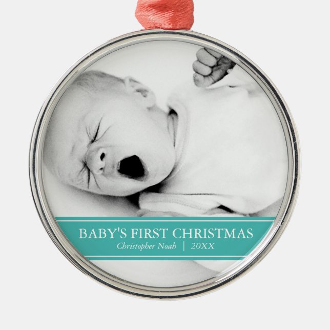 Simple Teal and White Custom Photo Christmas Metal Ornament (Front)