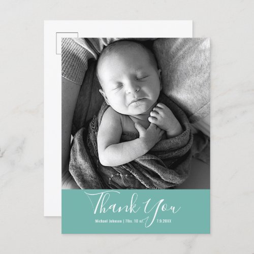 Simple Teal Baby Photo Thank You Script Birth Announcement Postcard