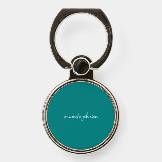 Simple Teal Blue Cursive Monogram Name Phone Ring Stand (Front)