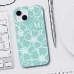 Simple Teal Blue Floral Initial Monogram iPhone 15 Case<br><div class="desc">Simple Teal Blue Floral Initial Monogram iPhone 15 Case. A fun but elegant phone case with girly teal and white flower outlines. A playful flower pattern frames a chic serif font simple initial monogram. The fun part is you can change out ALL of the colors!! You can not only change...</div>