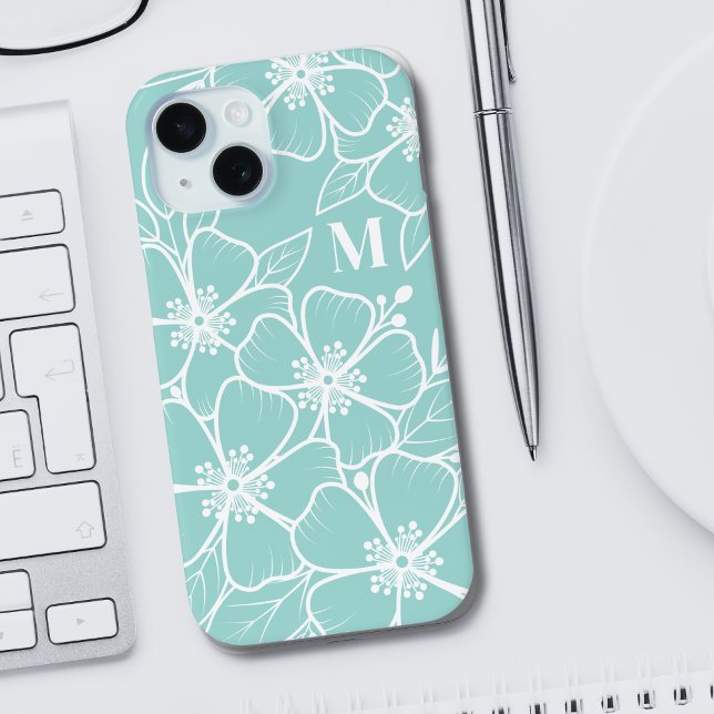 Simple Teal Blue Floral Initial Monogram Iphone Case (Simple Teal Blue Floral Initial Monogram iPhone 15 Case)