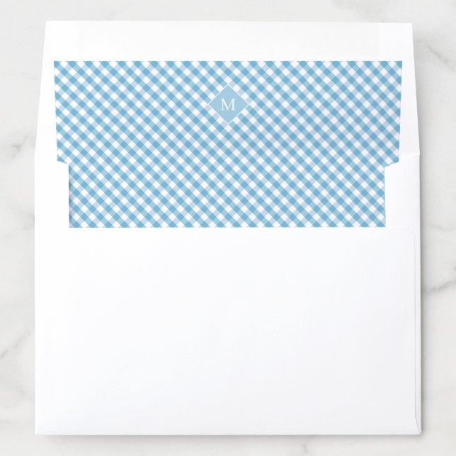 Simple teal blue gingham pattern monogram envelope liner (In Envelope)