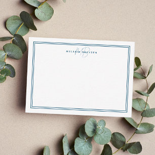 Simple Teal Blue Minimalist Monogram Two Border Note Card