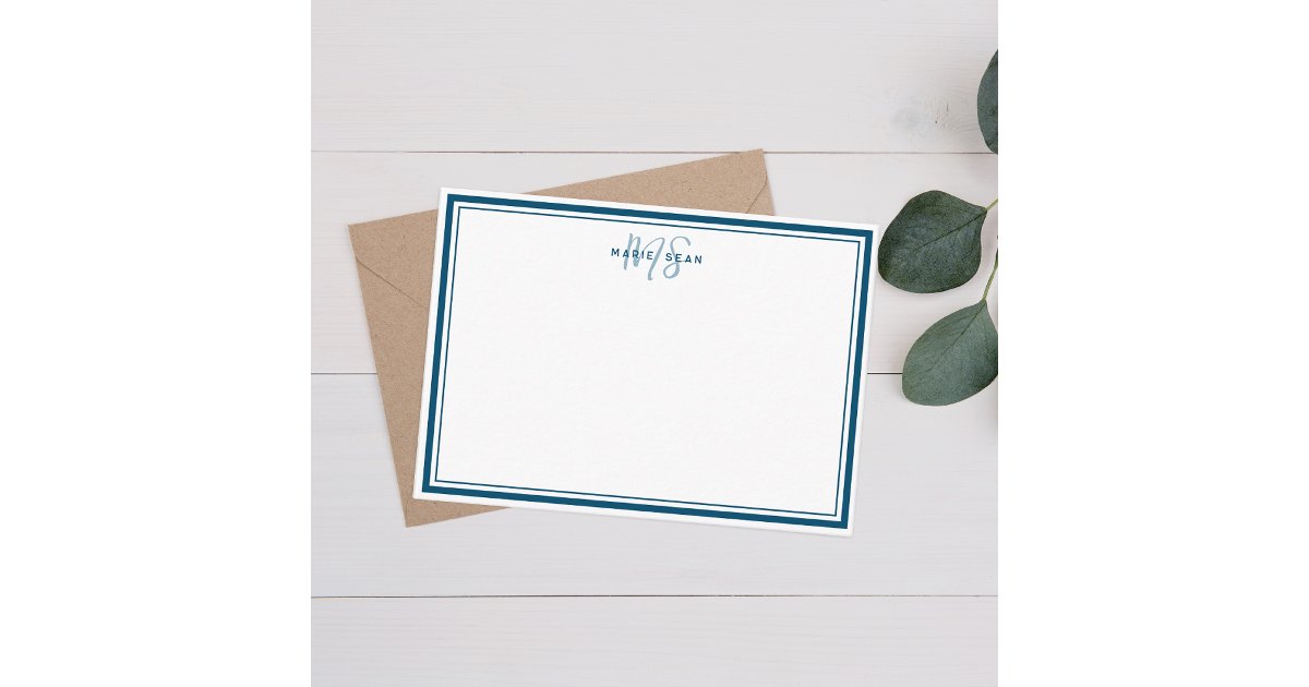 Simple Teal Blue Minimalist Monogram Two Border Note Card | Zazzle