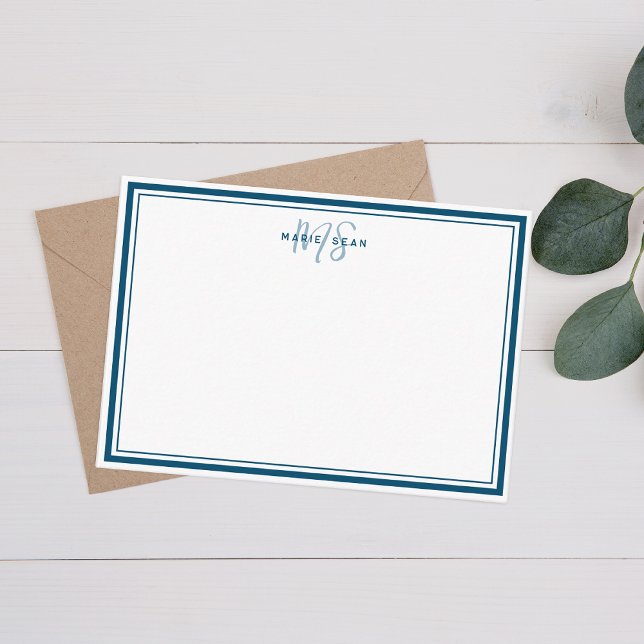 Simple Teal Blue Minimalist Monogram Two Border Note Card (Creator Uploaded)