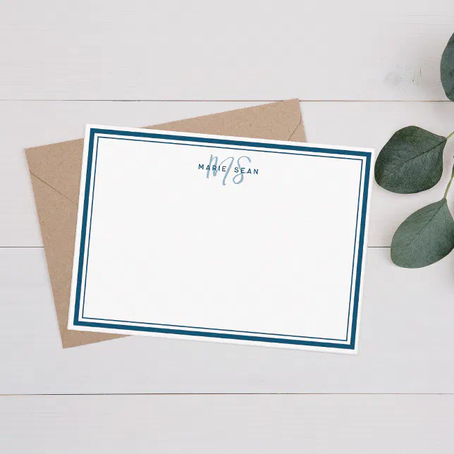 Simple Teal Blue Minimalist Monogram Two Border Note Card | Zazzle