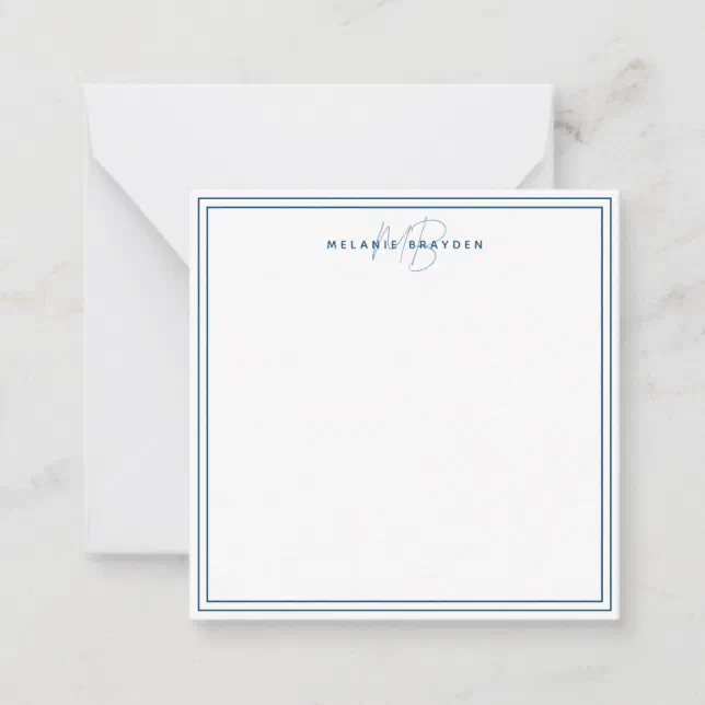Simple Teal Blue Minimalist Monogram Two Border Note Card | Zazzle