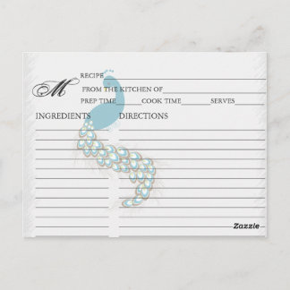 Simple Teal Blue Peacock Recipe Cards