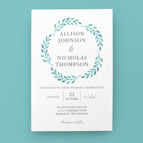 Simple Teal Botanical Wreath Modern Beach Wedding Invitation