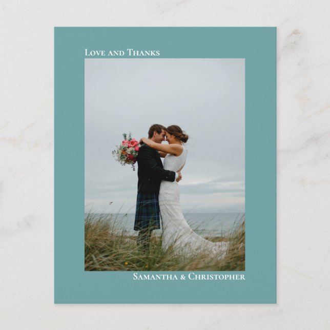 Simple Teal BUDGET Wedding Photo Thank You Card (Front)