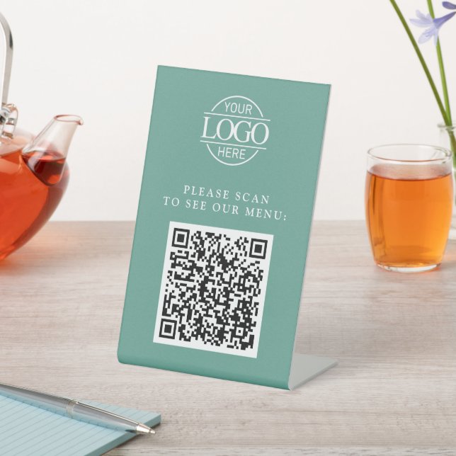 Simple Teal Custom Business Logo QR Code Menu  Pedestal Sign (In SItu)