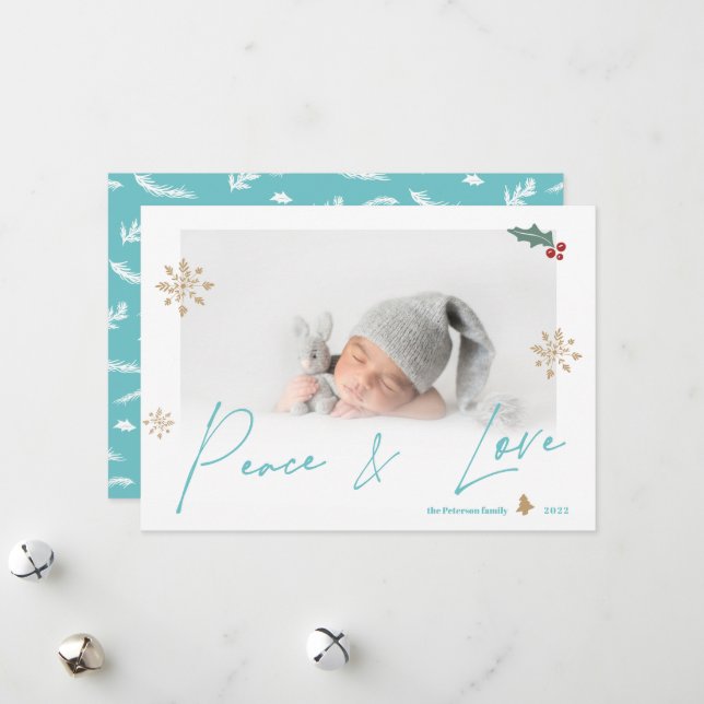 Simple teal gold peace love photo snowflake holiday card (Front/Back In Situ)