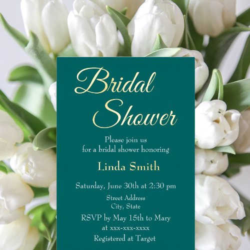 Simple Teal Green Bridal Shower Foil Invitation