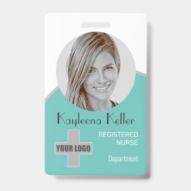 Simple Teal Green Nurse Circle Photo Logo Barcode Badge (Front)