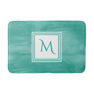 Simple Teal Green Subtle Marble Modern Monogram Bathroom Mat