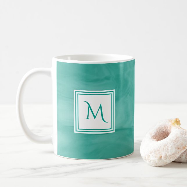 Simple Teal Green Subtle Marble Modern Monogram Coffee Mug (With Donut)