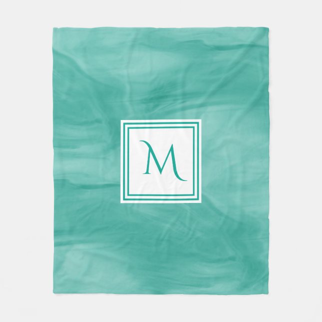 Simple Teal Green Subtle Marble Modern Monogram Fleece Blanket (Front)