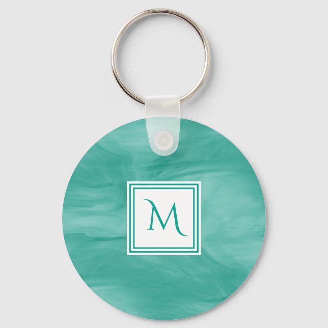 Simple Teal Green Subtle Marble Modern Monogram Keychain (Front)