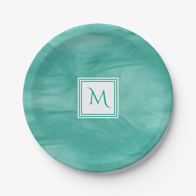 Simple Teal Green Subtle Marble Modern Monogram Paper Plates (Front)