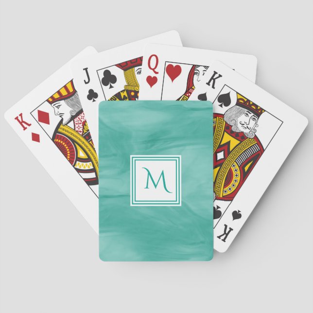 Simple Teal Green Subtle Marble Modern Monogram Poker Cards (Back)