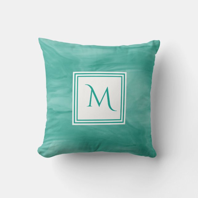 Simple Teal Green Subtle Marble Modern Monogram Throw Pillow (Front)