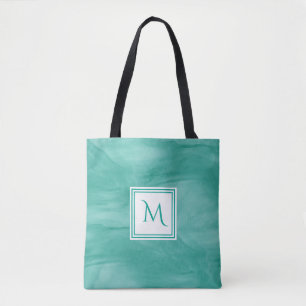Simple Teal Green Subtle Marble Modern Monogram Tote Bag