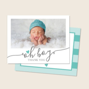 Simple Teal Heart Boy Baby Shower Photo Thank You Card