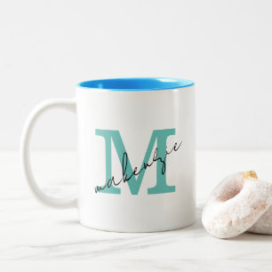Simple Teal Monogram Minimalist Logo Add Here Two-Tone Coffee Mug