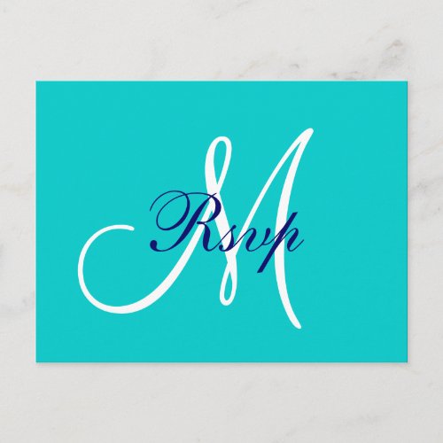 Simple Teal Navy Blue Monogram Wedding RSVP Invitation Postcard