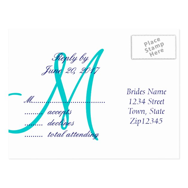Simple Teal Navy Blue Monogram Wedding RSVP Postcard