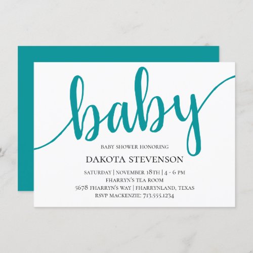 Simple Teal Script  Blue_Green Baby Shower Invitation