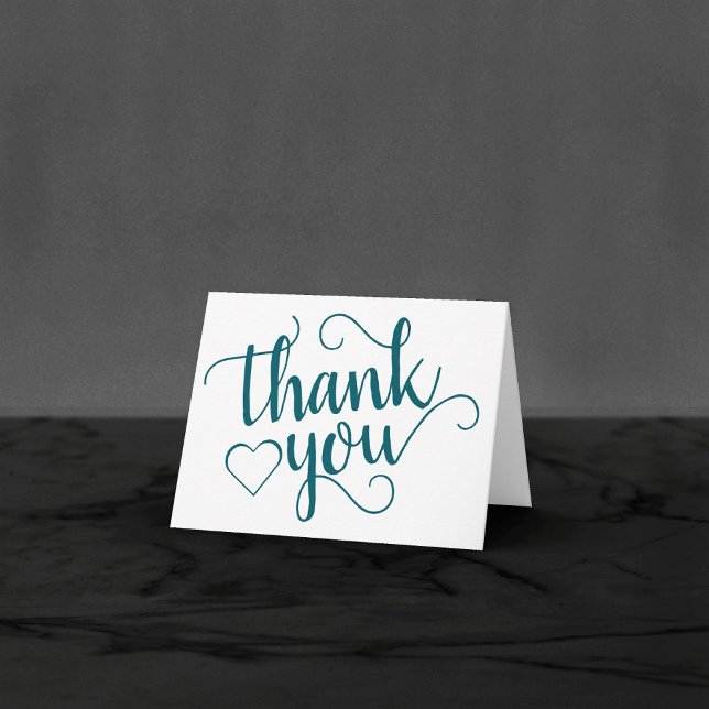 Simple Teal Script | Dark Blue-Green Heart Photo Thank You Card (Creator Uploaded)