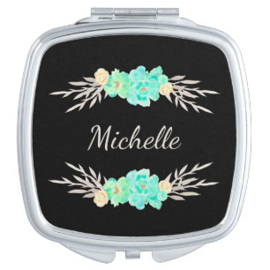 Simple Teal & Silver Monogrammed Name Compact Mirror