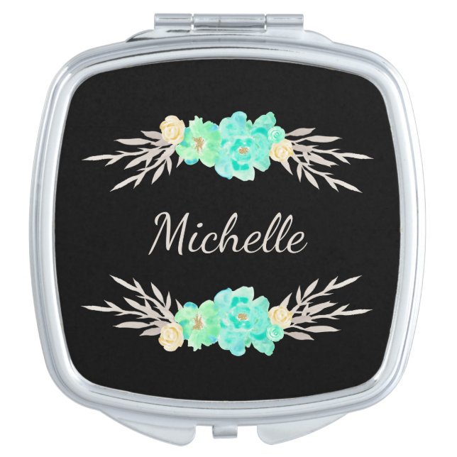 Simple Teal & Silver Monogrammed Name Compact Mirror (Front)