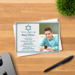 Simple Teal Star of David Photo Bar Mitzvah Acrylic Invitations