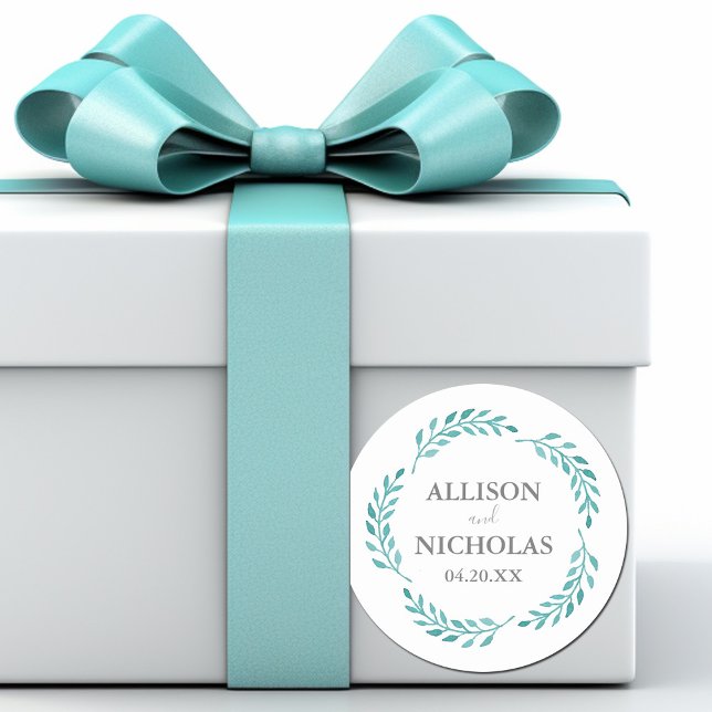 Simple Teal Watercolor Botanical Vine Wedding Classic Round Sticker (Creator Uploaded)