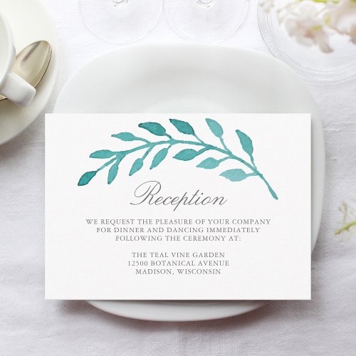 Simple Teal Watercolor Botanical Wedding Reception Enclosure Card