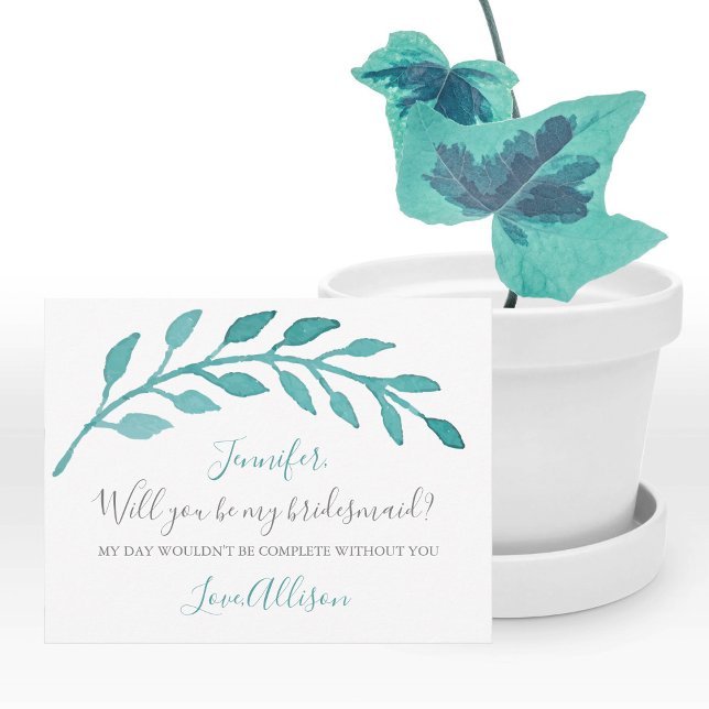 Simple Teal Watercolor Will You Be My Bridesmaid Invitation (Creator Uploaded)