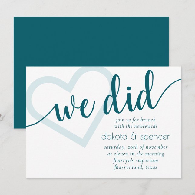 Simple Teal We Did | Green Heart Newlywed Brunch Invitation (Front/Back)