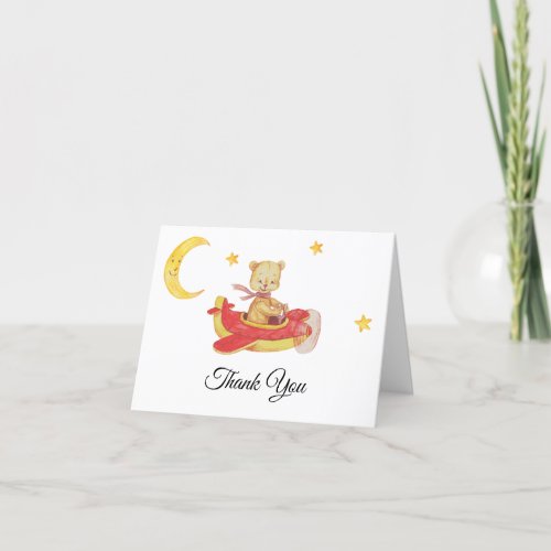  Simple Teddy Bear Flying Red Plane Moon Thank You Card